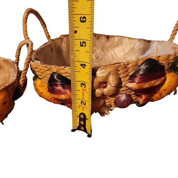 Decorative Rafia Woven Bread Baskets With Faux Vegetables Set Of 2 Cottage Boho - Picture 3 of 8
